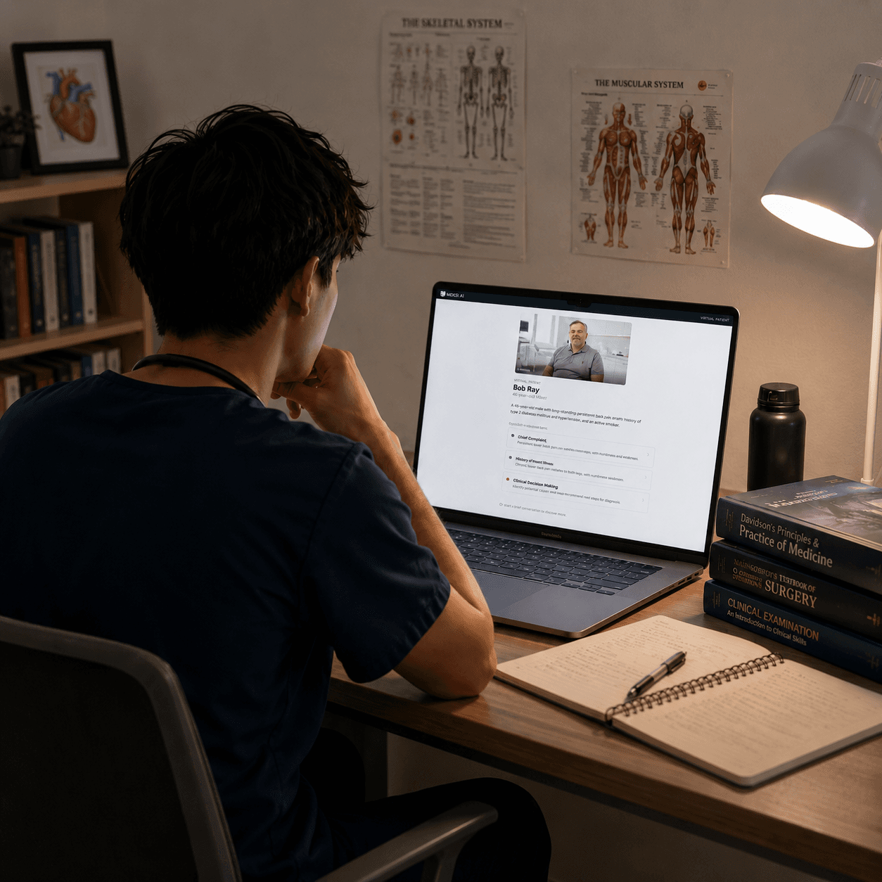 A medical student at a desk working through a MEKSI virtual patient case on a laptop
